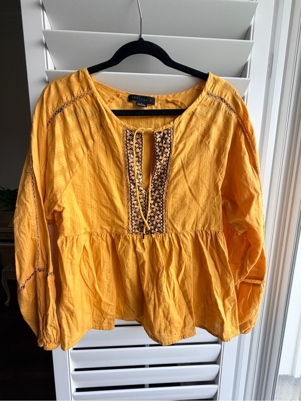 Sanctuary Mustard Peasant Blouse with Embroidered Placket